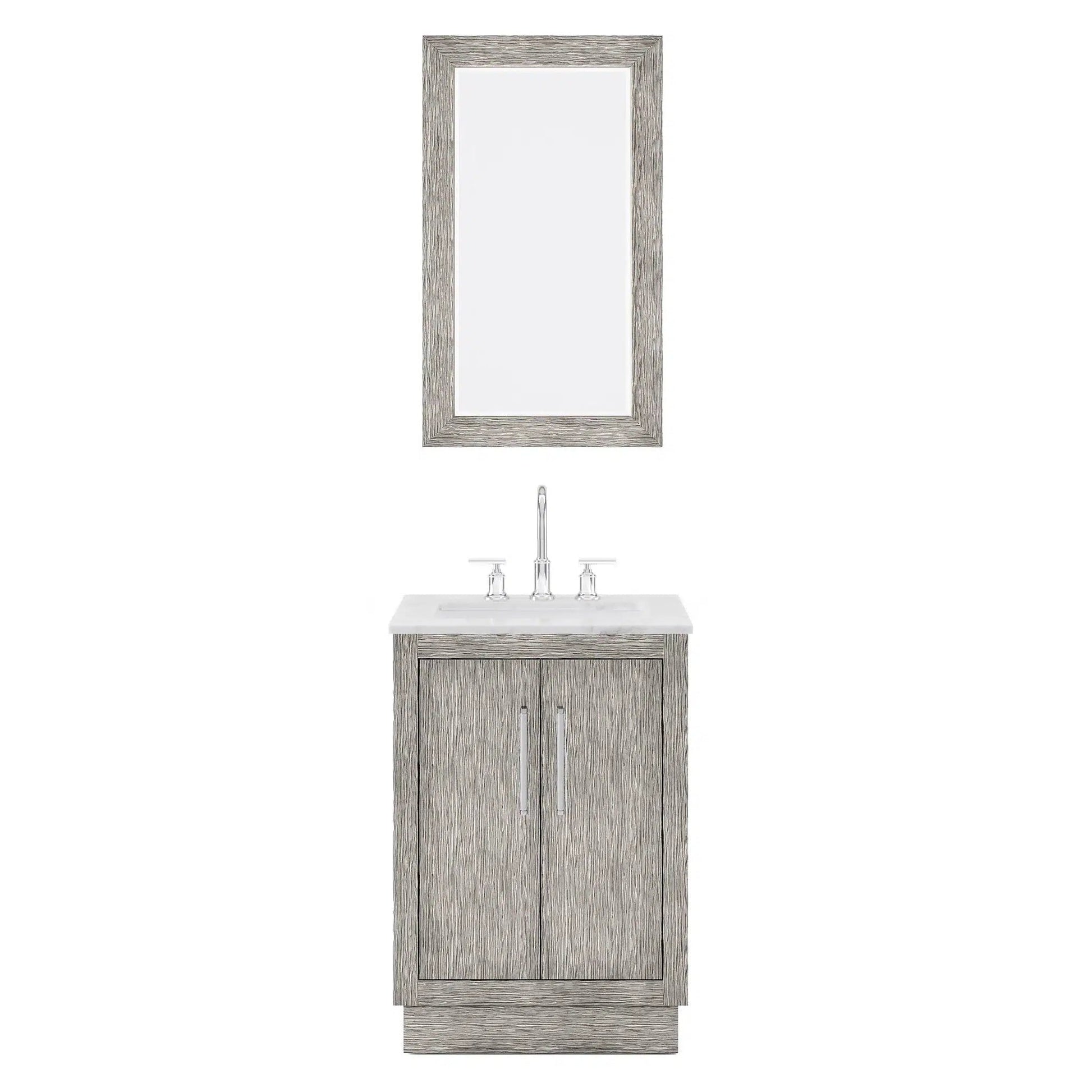 Water Creation Hugo 24" Single Sink Carrara White Marble Countertop Vanity with Chrome Pulls and Knobs with Gooseneck Faucet and Mirror