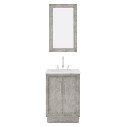 Water Creation Hugo 24" Single Sink Carrara White Marble Countertop Vanity with Chrome Pulls and Knobs with Gooseneck Faucet and Mirror