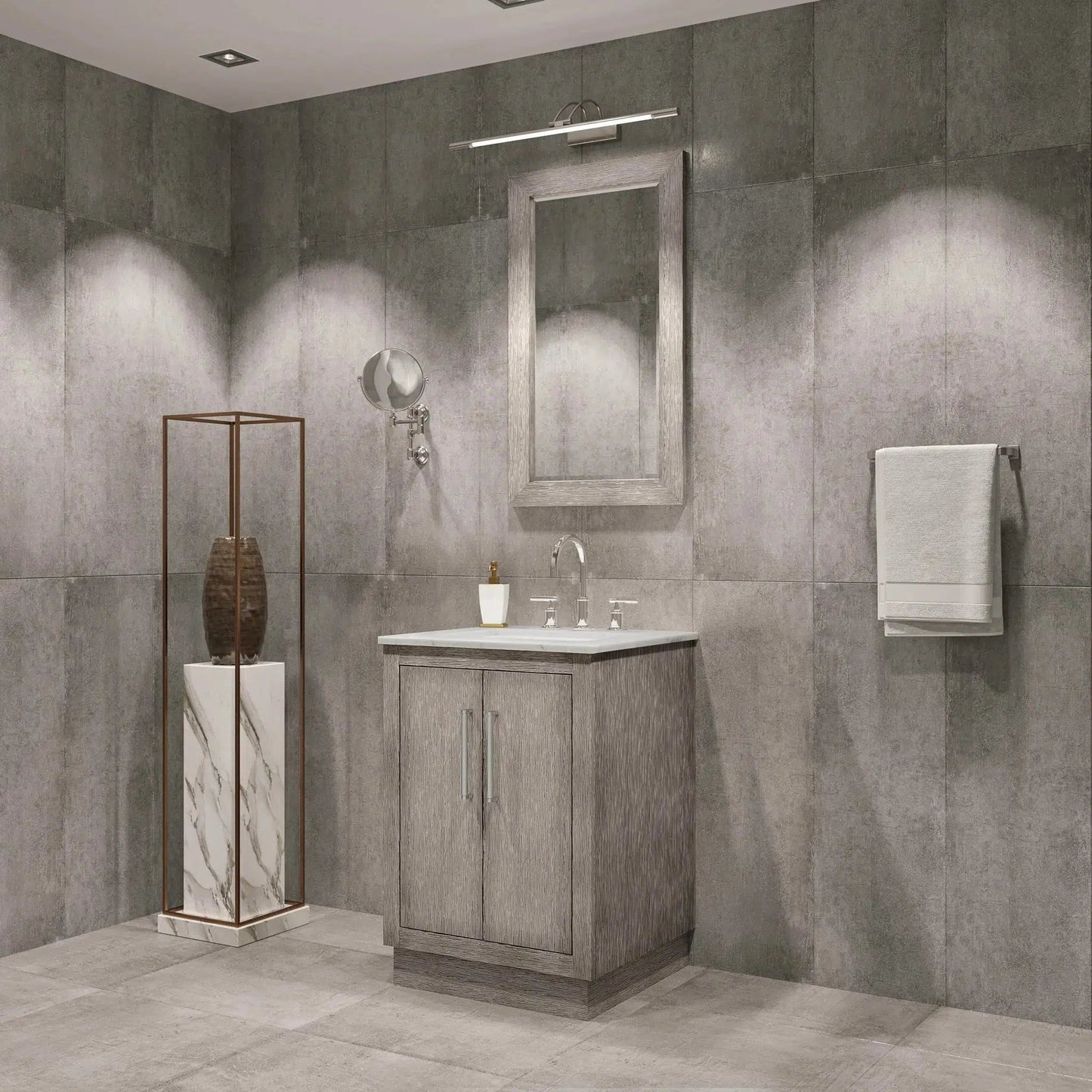 Water Creation Hugo 24" Single Sink Carrara White Marble Countertop Vanity with Chrome Pulls and Knobs with Gooseneck Faucet and Mirror