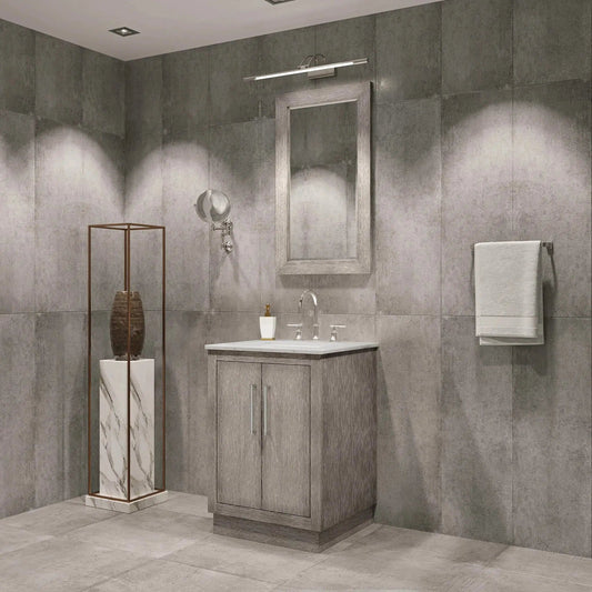 Water Creation Hugo 24" Single Sink Carrara White Marble Countertop Vanity with Chrome Pulls and Knobs with Gooseneck Faucet and Mirror