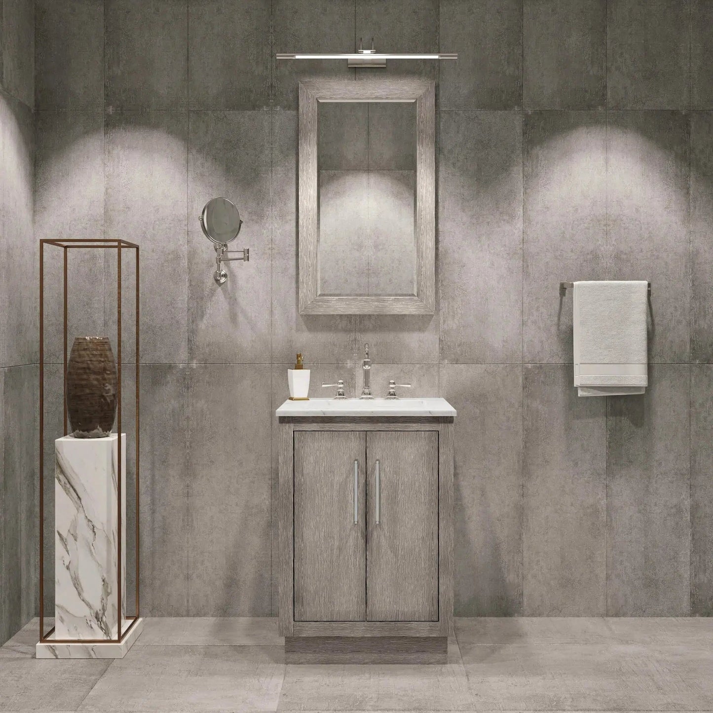 Water Creation Hugo 24" Single Sink Carrara White Marble Countertop Vanity with Chrome Pulls and Knobs with Hook Faucet and Mirror