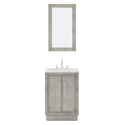 Water Creation Hugo 24" Single Sink Carrara White Marble Countertop Vanity with Chrome Pulls and Knobs with Hook Faucet and Mirror