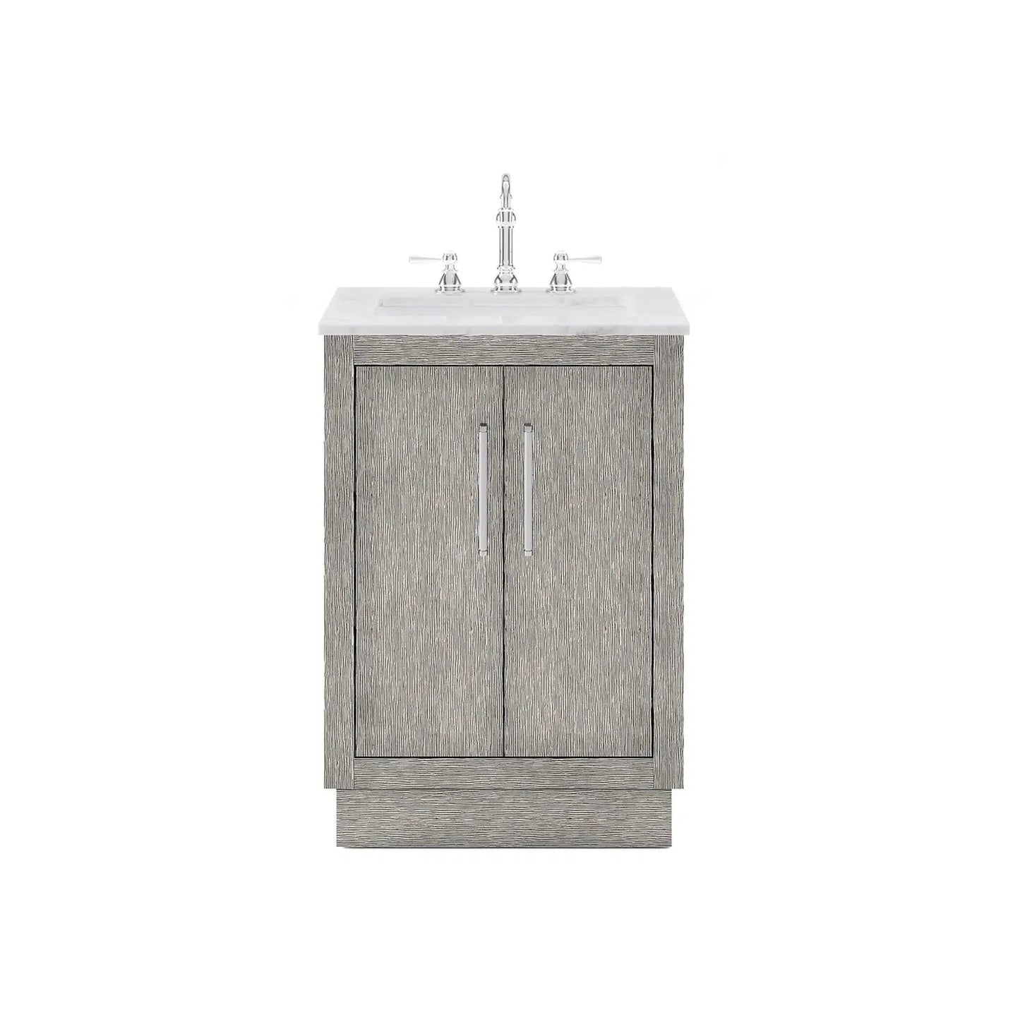 Water Creation Hugo 24" Single Sink Carrara White Marble Countertop Vanity with Chrome Pulls and Knobs with Hook Faucet and Mirror