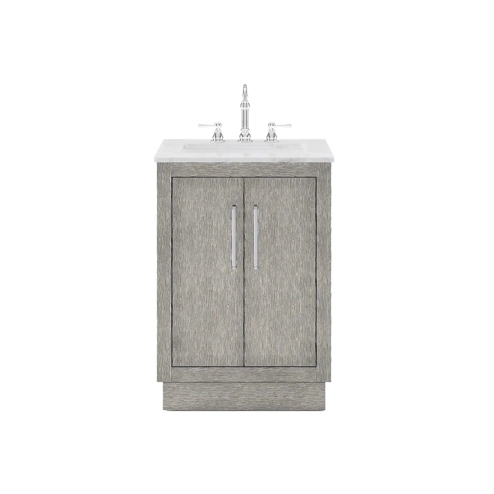 Water Creation Hugo 24" Single Sink Carrara White Marble Countertop Vanity with Chrome Pulls and Knobs with Hook Faucet