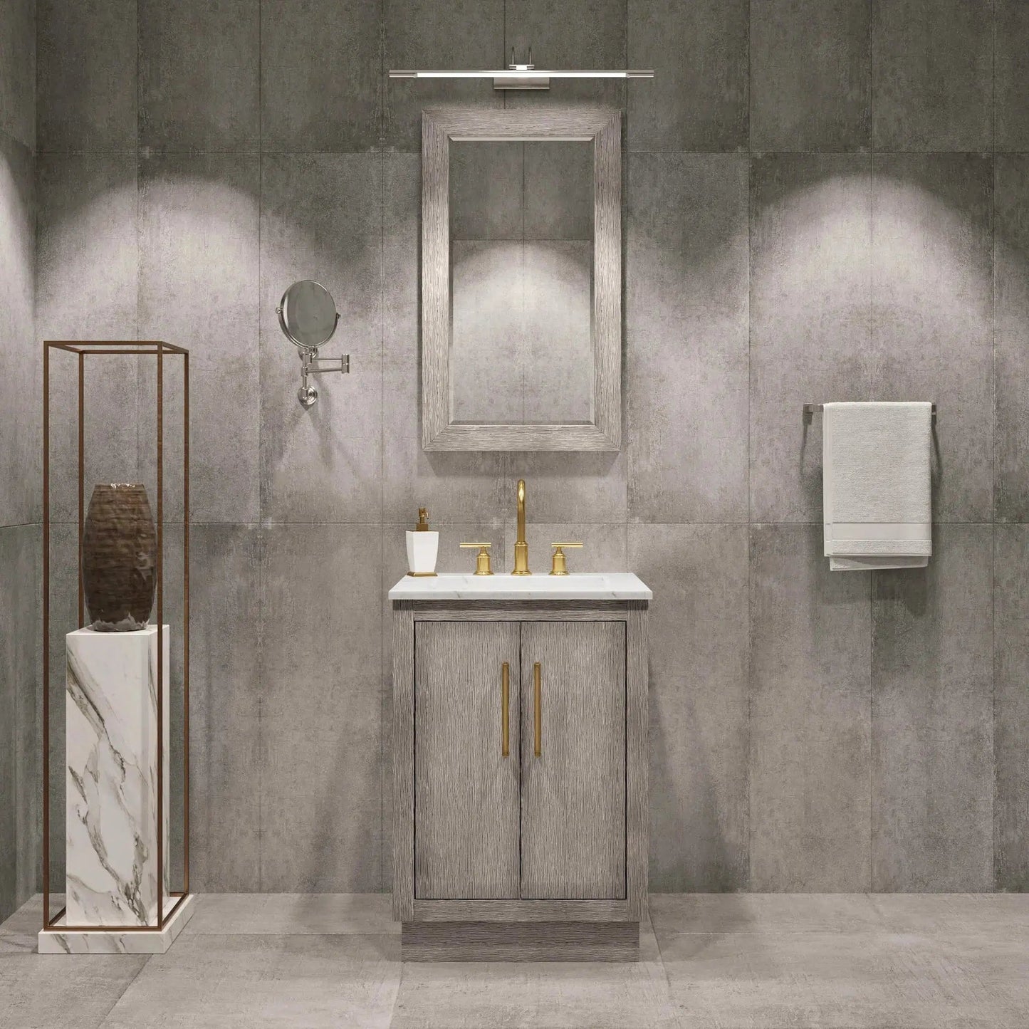 Water Creation Hugo 24" Single Sink Carrara White Marble Countertop Vanity with Satin Gold Pulls and Knobs with Gooseneck Faucet and Mirror