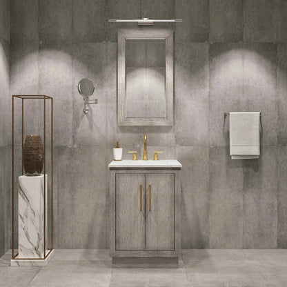 Water Creation Hugo 24" Single Sink Carrara White Marble Countertop Vanity with Satin Gold Pulls and Knobs with Gooseneck Faucet and Mirror