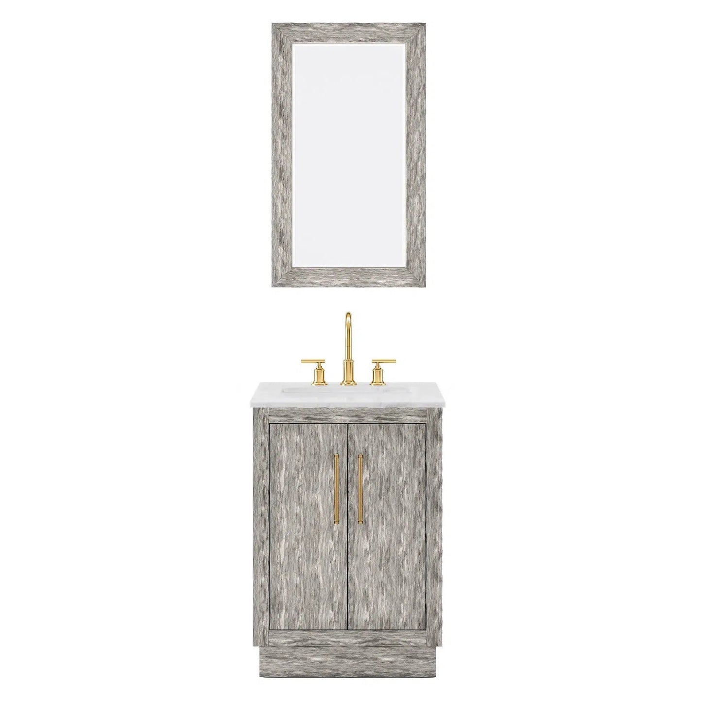 Water Creation Hugo 24" Single Sink Carrara White Marble Countertop Vanity with Satin Gold Pulls and Knobs with Gooseneck Faucet and Mirror