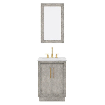 Water Creation Hugo 24" Single Sink Carrara White Marble Countertop Vanity with Satin Gold Pulls and Knobs with Gooseneck Faucet and Mirror