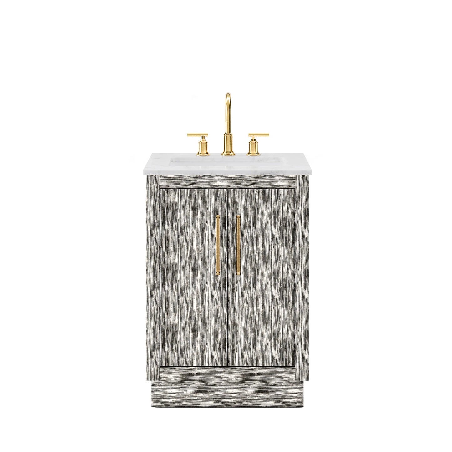 Water Creation Hugo 24" Single Sink Carrara White Marble Countertop Vanity with Satin Gold Pulls and Knobs with Gooseneck Faucet and Mirror