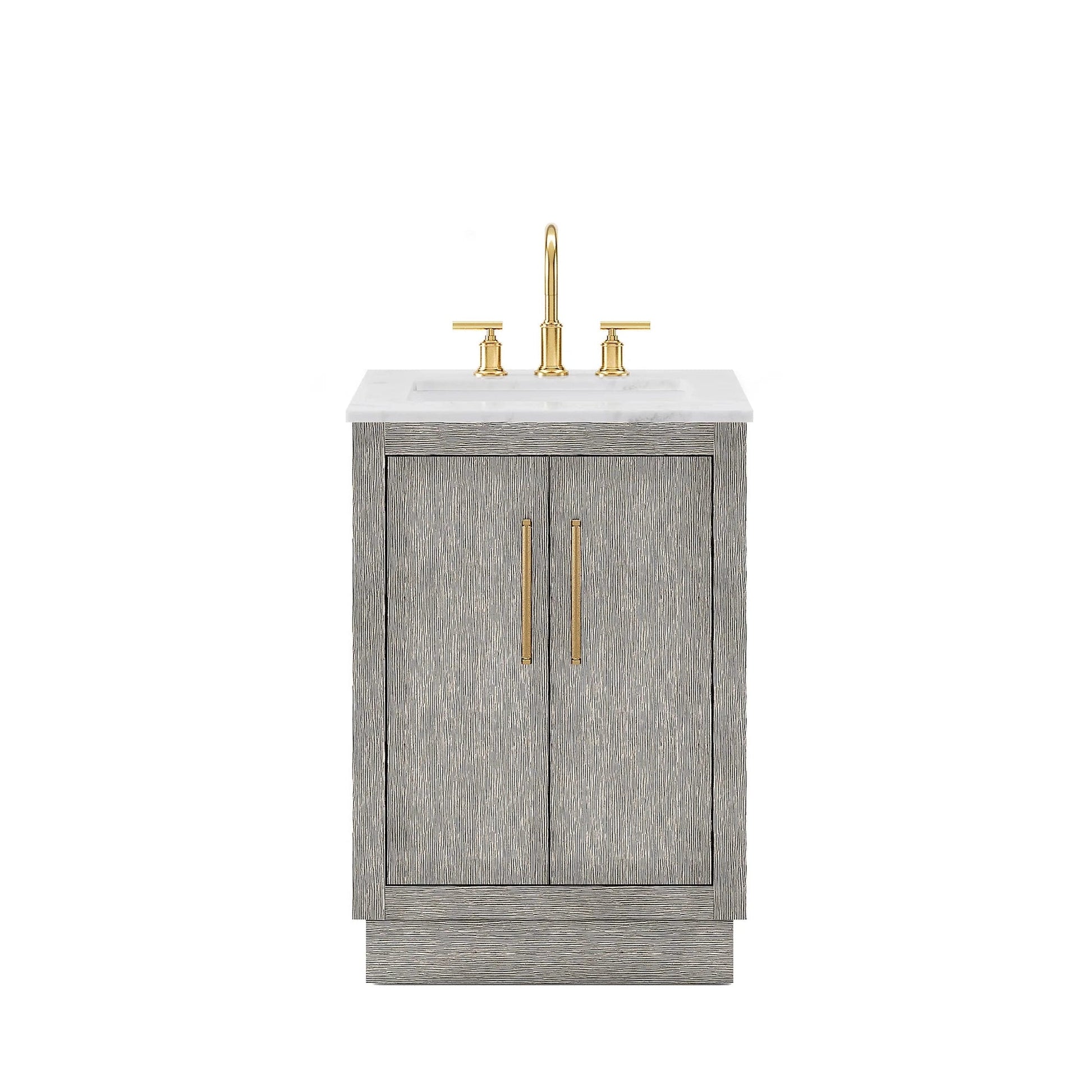 Water Creation Hugo 24" Single Sink Carrara White Marble Countertop Vanity with Satin Gold Pulls and Knobs with Gooseneck Faucet and Mirror