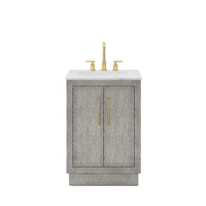 Water Creation Hugo 24" Single Sink Carrara White Marble Countertop Vanity with Satin Gold Pulls and Knobs with Gooseneck Faucet and Mirror
