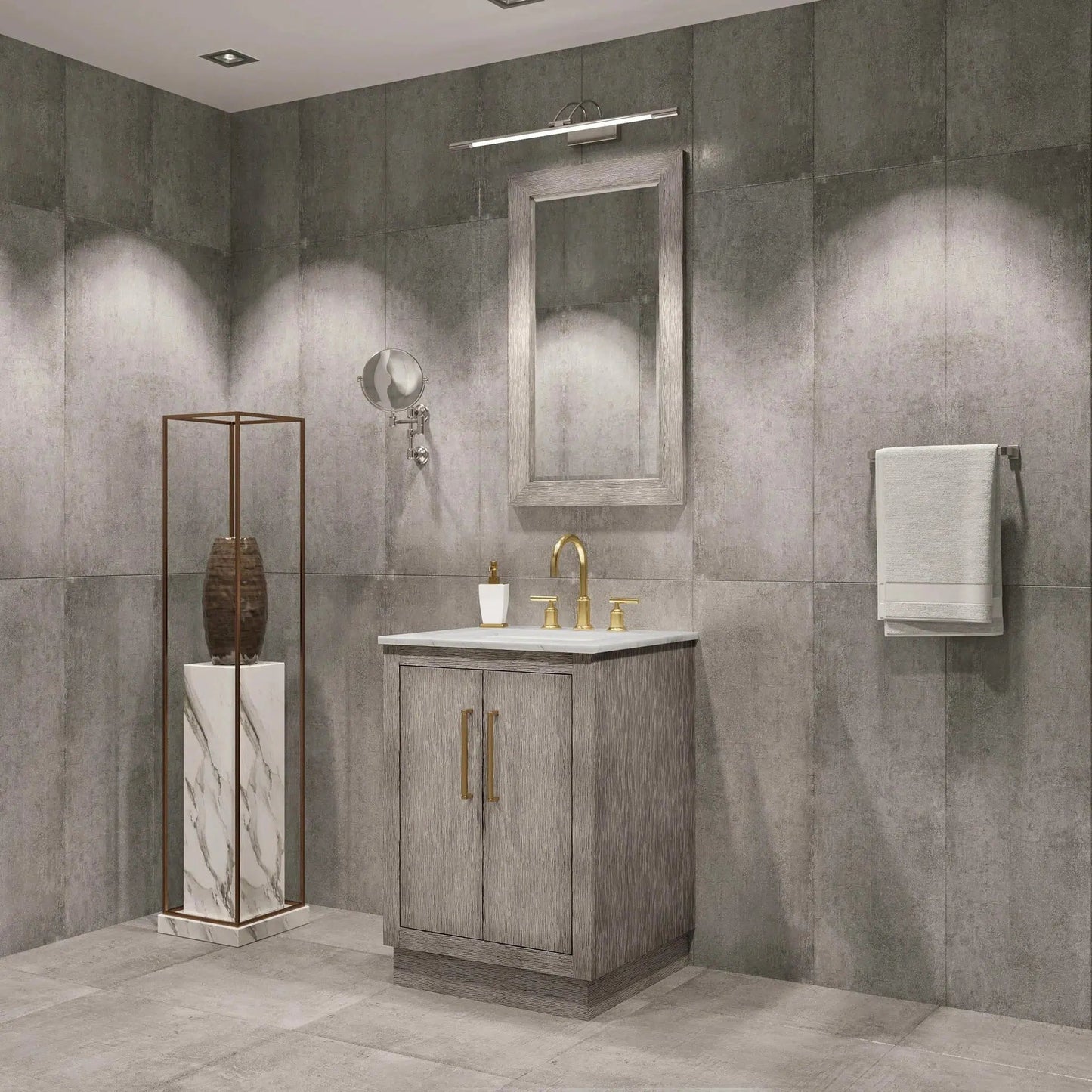 Water Creation Hugo 24" Single Sink Carrara White Marble Countertop Vanity with Satin Gold Pulls and Knobs with Gooseneck Faucet and Mirror