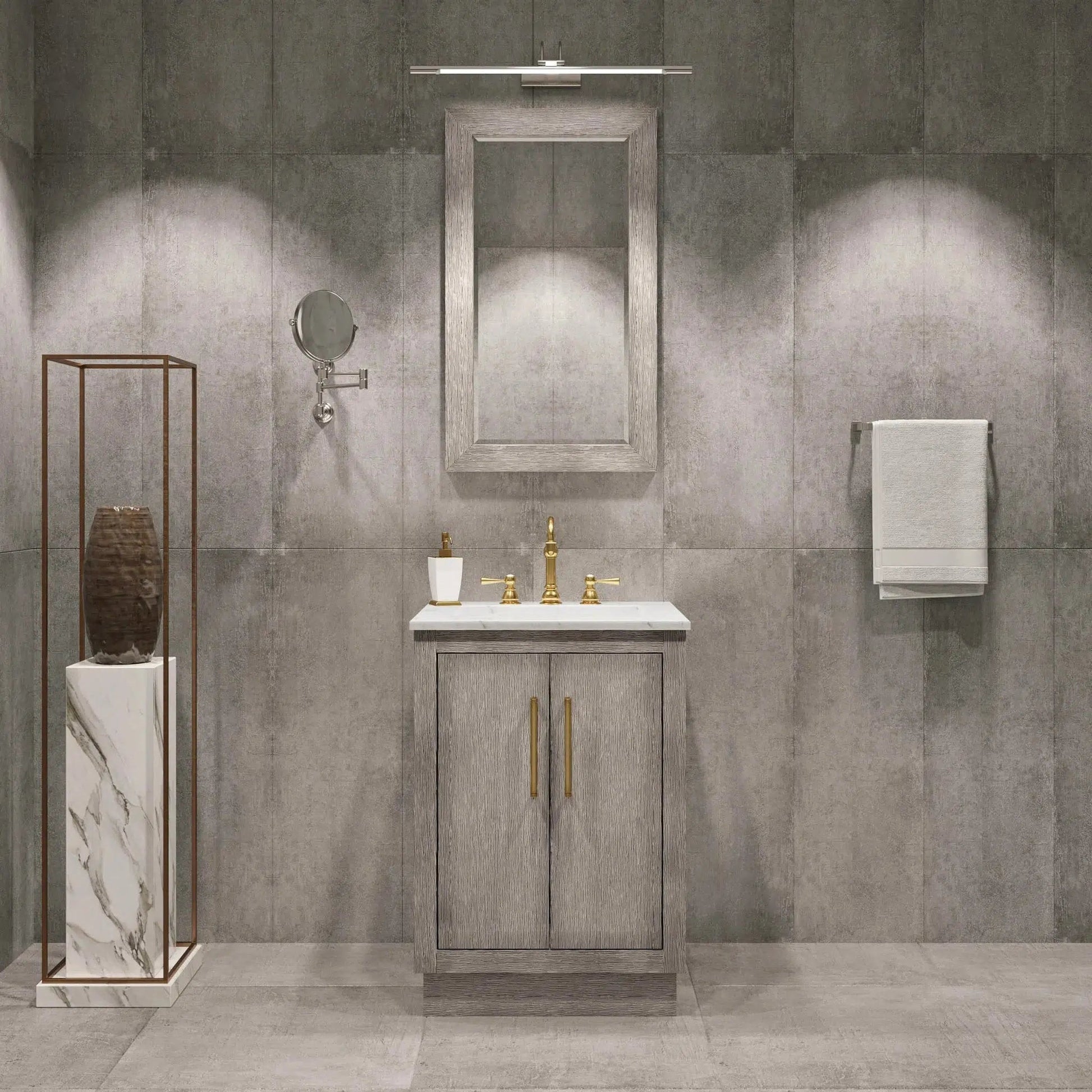 Water Creation Hugo 24" Single Sink Carrara White Marble Countertop Vanity with Satin Gold Pulls and Knobs with Hook Faucet and Mirror