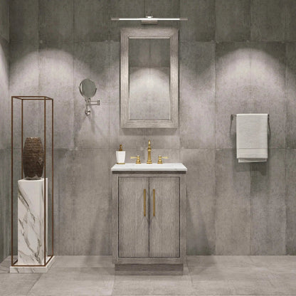 Water Creation Hugo 24" Single Sink Carrara White Marble Countertop Vanity with Satin Gold Pulls and Knobs with Hook Faucet and Mirror