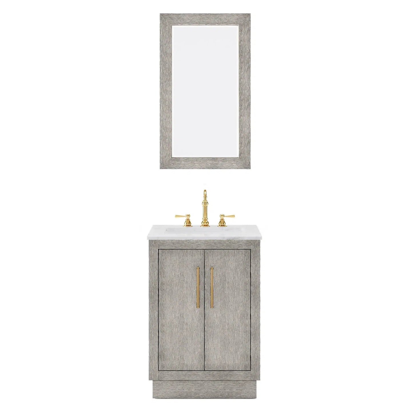 Water Creation Hugo 24" Single Sink Carrara White Marble Countertop Vanity with Satin Gold Pulls and Knobs with Hook Faucet and Mirror