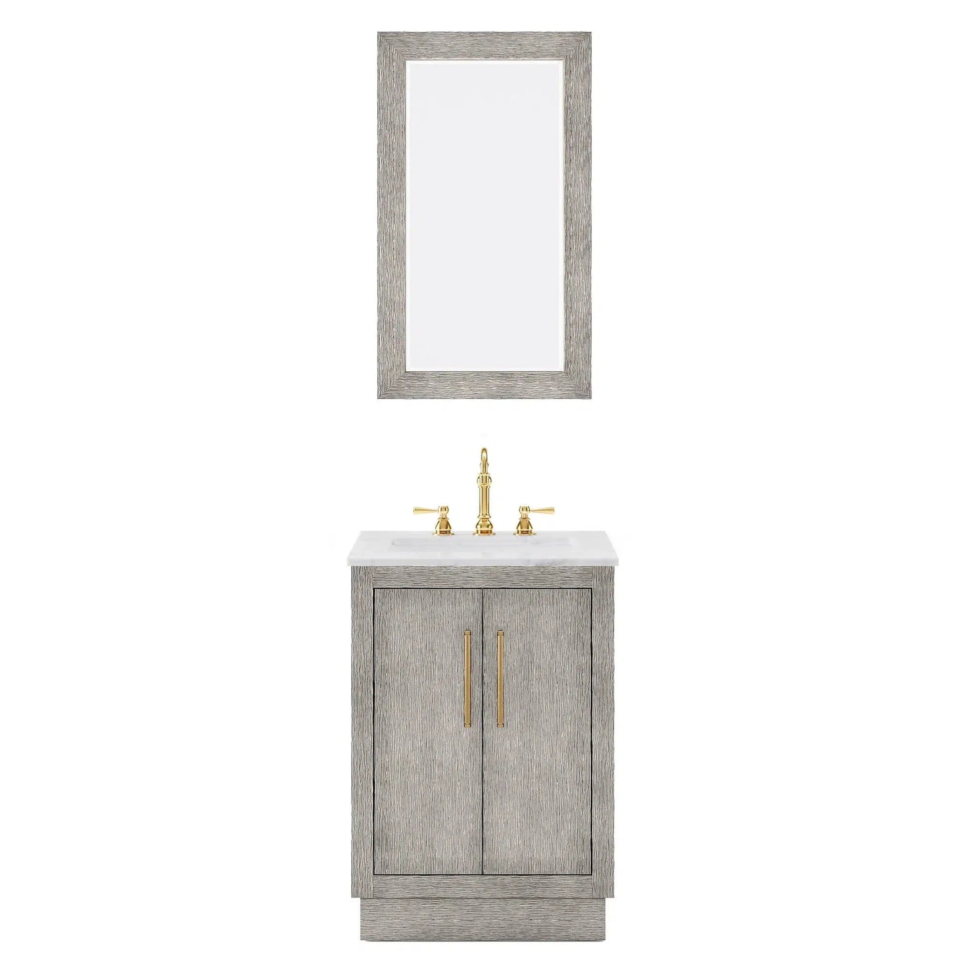 Water Creation Hugo 24" Single Sink Carrara White Marble Countertop Vanity with Satin Gold Pulls and Knobs with Hook Faucet and Mirror