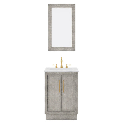 Water Creation Hugo 24" Single Sink Carrara White Marble Countertop Vanity with Satin Gold Pulls and Knobs with Hook Faucet and Mirror