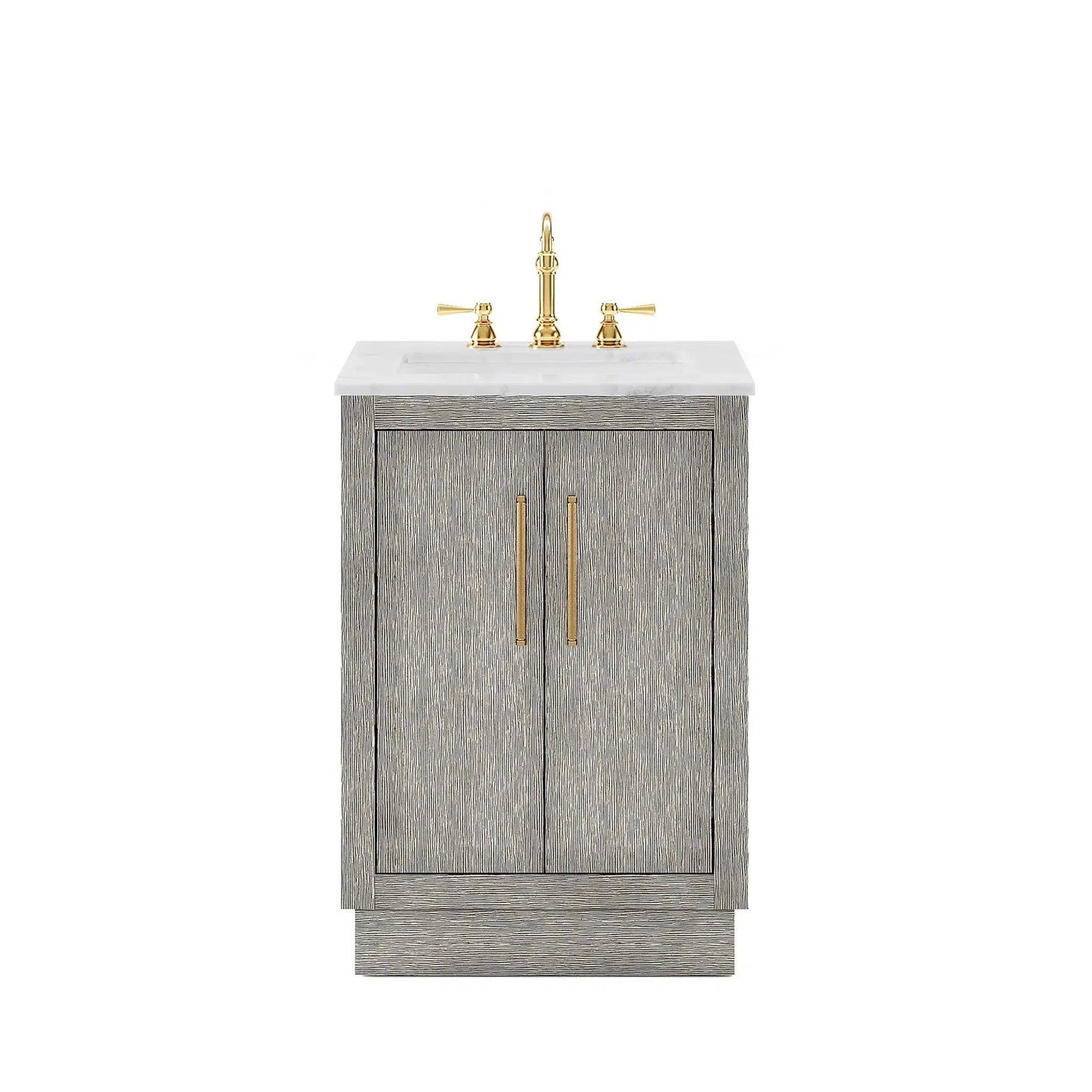 Water Creation Hugo 24" Single Sink Carrara White Marble Countertop Vanity with Satin Gold Pulls and Knobs with Hook Faucet and Mirror