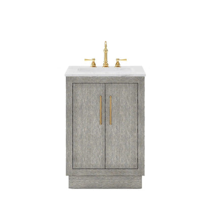 Water Creation Hugo 24" Single Sink Carrara White Marble Countertop Vanity with Satin Gold Pulls and Knobs with Hook Faucet and Mirror