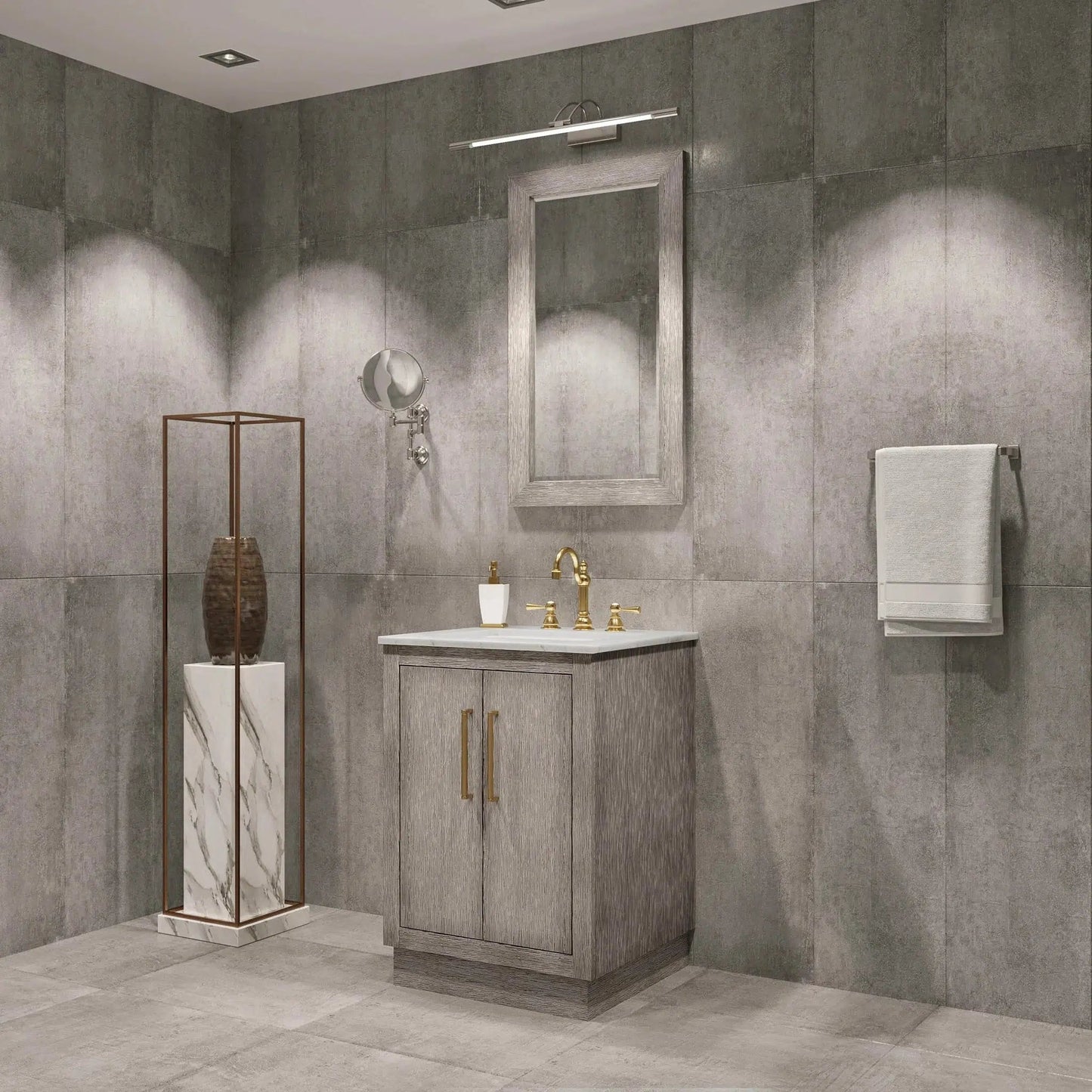 Water Creation Hugo 24" Single Sink Carrara White Marble Countertop Vanity with Satin Gold Pulls and Knobs with Hook Faucet and Mirror