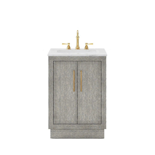 Water Creation Hugo 24" Single Sink Carrara White Marble Countertop Vanity with Satin Gold Pulls and Knobs with Hook Faucet