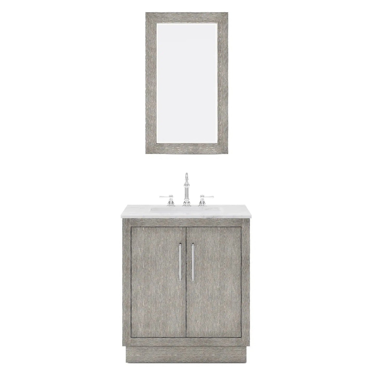 Water Creation Hugo 30" Single Sink Carrara White Marble Countertop Vanity with Chrome Pulls and Knobs And Mirror
