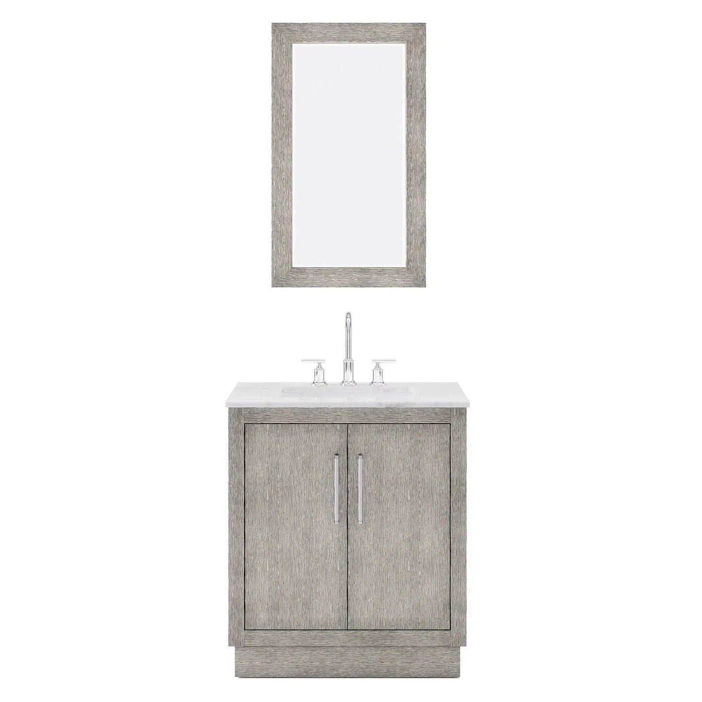 Water Creation Hugo 30" Single Sink Carrara White Marble Countertop Vanity with Chrome Pulls and Knobs with Gooseneck Faucet and Mirror