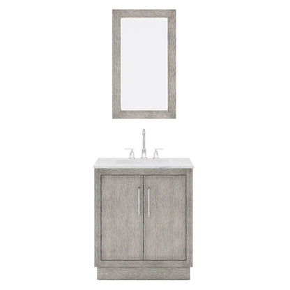 Water Creation Hugo 30" Single Sink Carrara White Marble Countertop Vanity with Chrome Pulls and Knobs with Gooseneck Faucet and Mirror