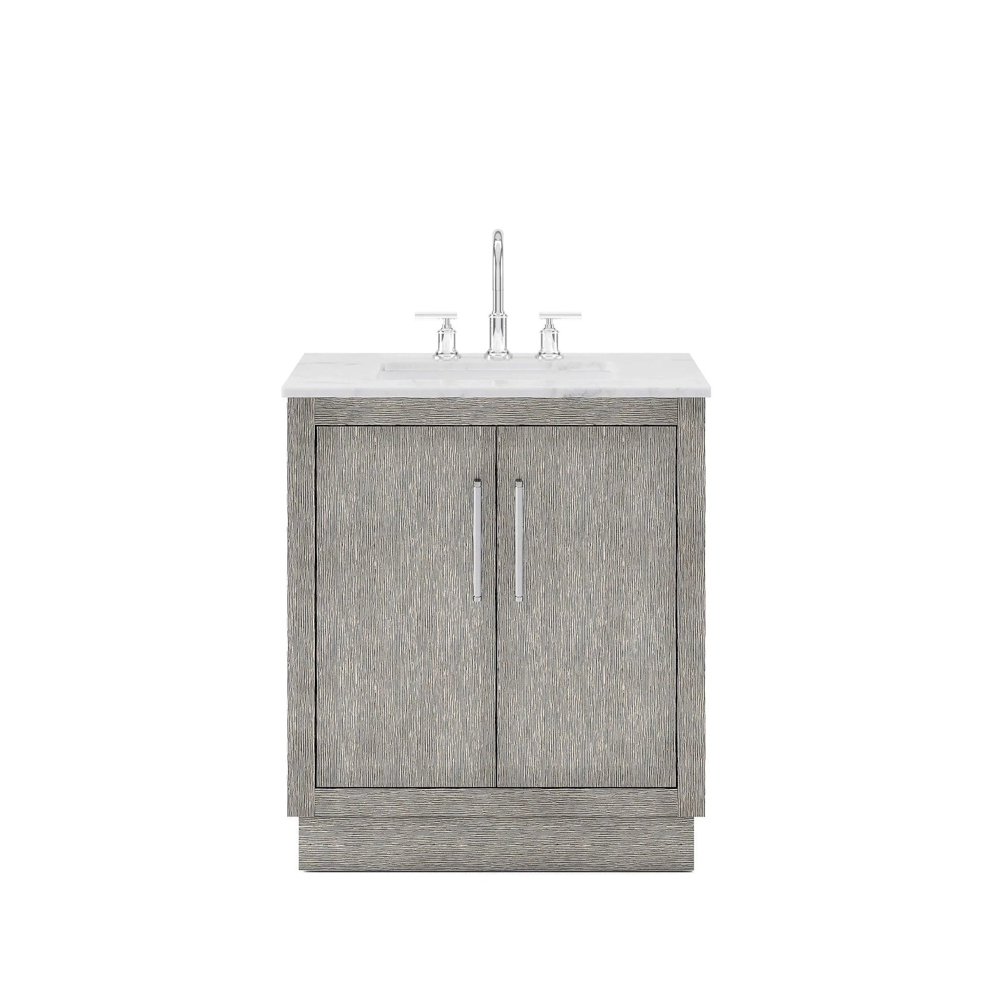 Water Creation Hugo 30" Single Sink Carrara White Marble Countertop Vanity with Chrome Pulls and Knobs with Gooseneck Faucet
