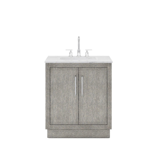 Water Creation Hugo 30" Single Sink Carrara White Marble Countertop Vanity with Chrome Pulls and Knobs with Gooseneck Faucet