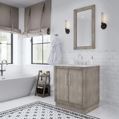 Water Creation Hugo 30" Single Sink Carrara White Marble Countertop Vanity with Chrome Pulls and Knobs with Hook Faucet and Mirror