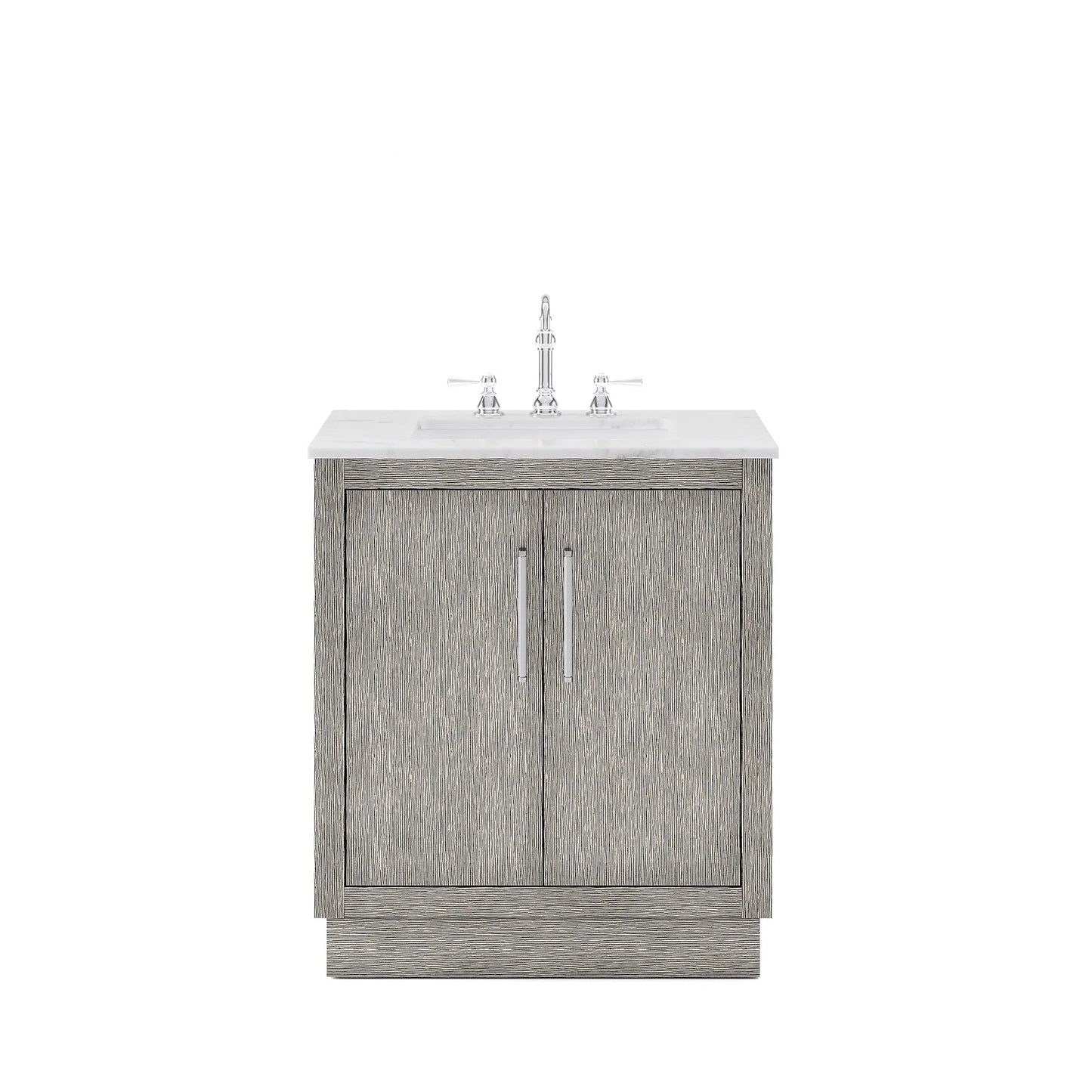 Water Creation Hugo 30" Single Sink Carrara White Marble Countertop Vanity with Chrome Pulls and Knobs with Hook Faucet
