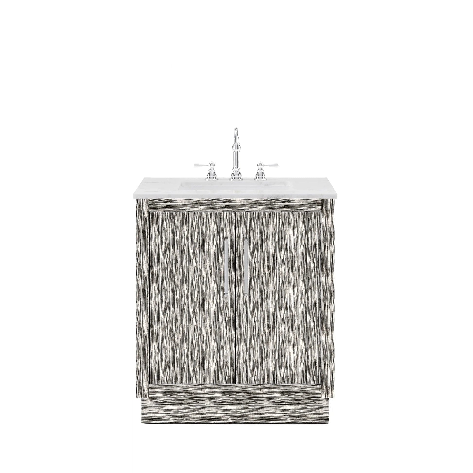 Water Creation Hugo 30" Single Sink Carrara White Marble Countertop Vanity with Chrome Pulls and Knobs with Hook Faucet