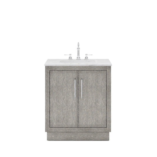 Water Creation Hugo 30" Single Sink Carrara White Marble Countertop Vanity with Chrome Pulls and Knobs with Hook Faucet