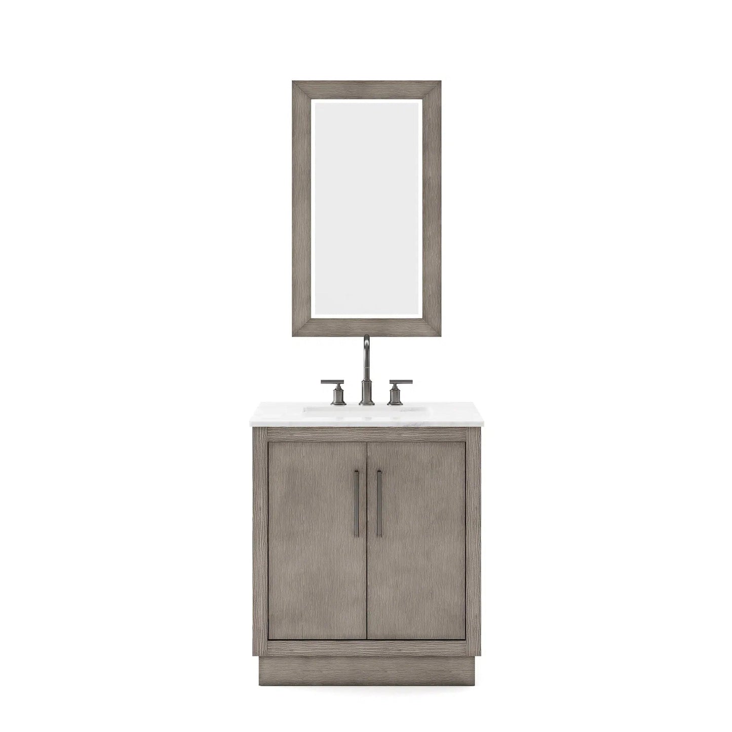 Water Creation Hugo 30" Single Sink Carrara White Marble Countertop Vanity with Oil-Rubbed Bronze Pulls and Knobs with Gooseneck Faucet and Mirror