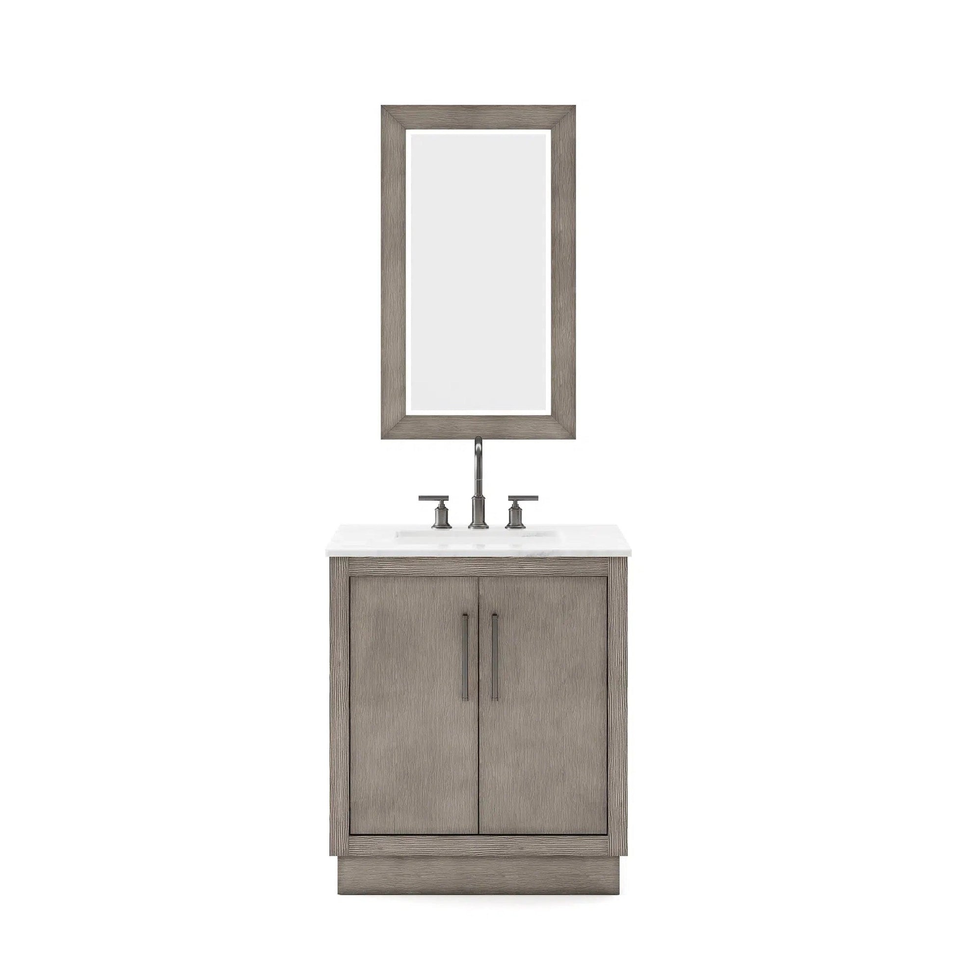 Water Creation Hugo 30" Single Sink Carrara White Marble Countertop Vanity with Oil-Rubbed Bronze Pulls and Knobs with Gooseneck Faucet and Mirror