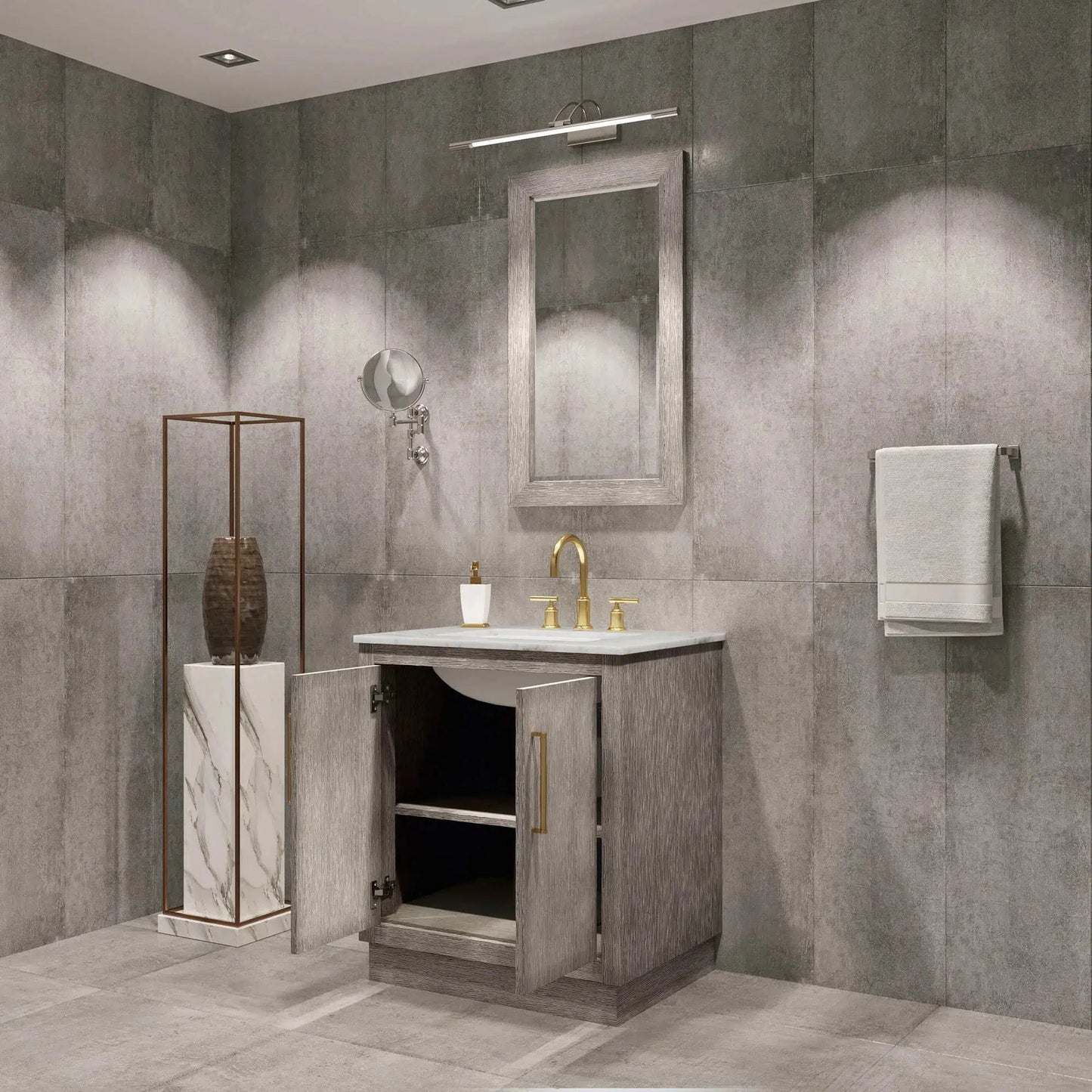 Water Creation Hugo 30" Single Sink Carrara White Marble Countertop Vanity with Satin Gold Pulls and Knobs And Mirror