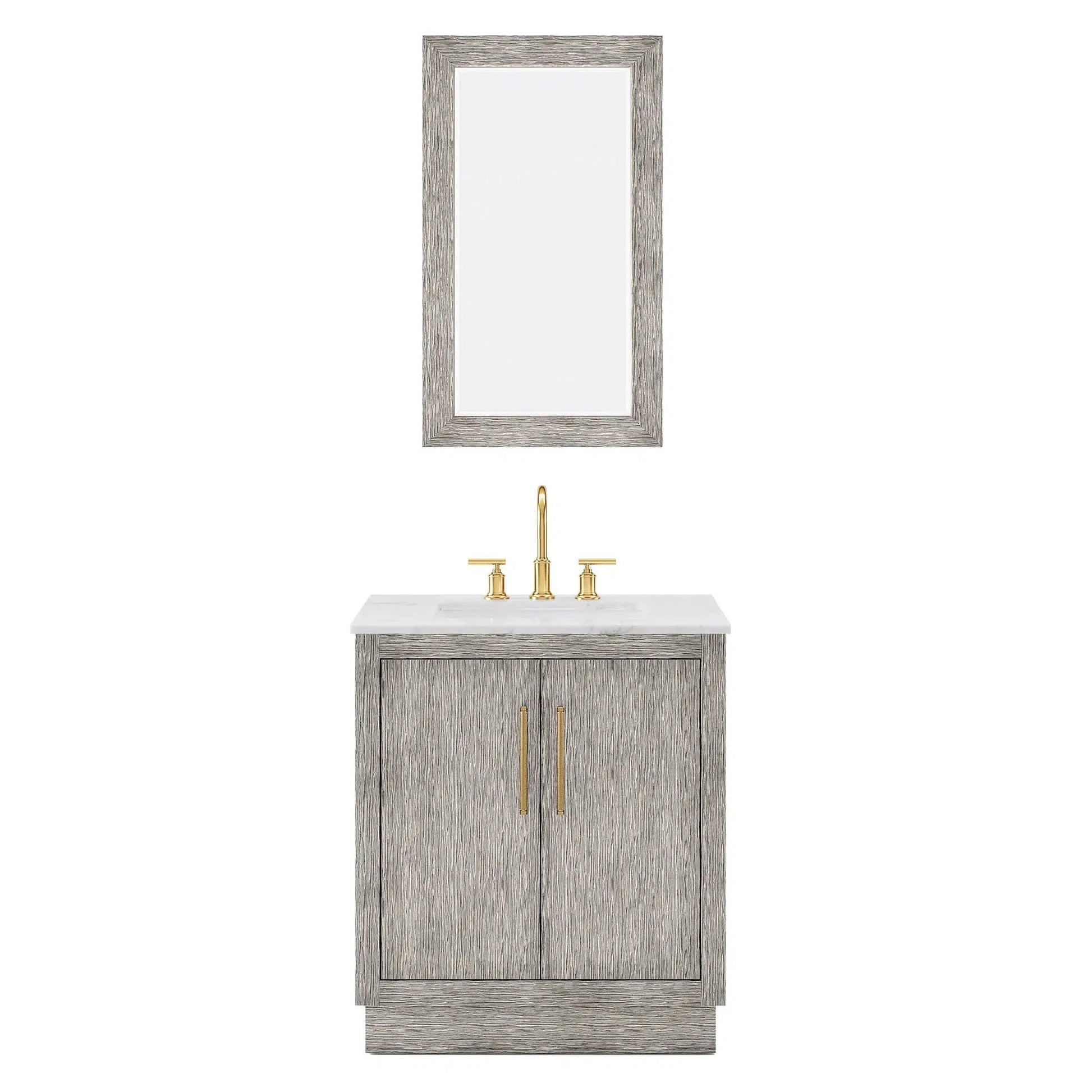 Water Creation Hugo 30" Single Sink Carrara White Marble Countertop Vanity with Satin Gold Pulls and Knobs And Mirror