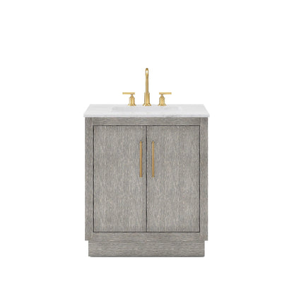 Water Creation Hugo 30" Single Sink Carrara White Marble Countertop Vanity with Satin Gold Pulls and Knobs And Mirror