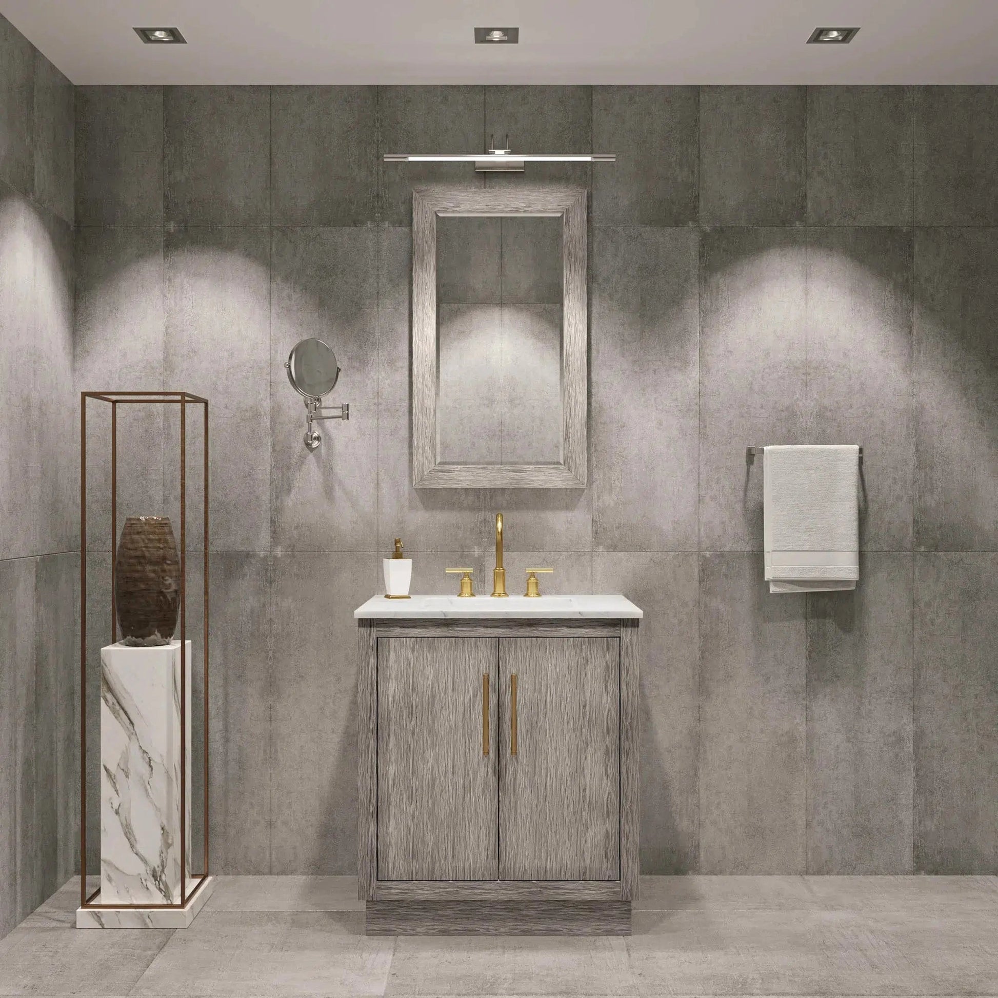 Water Creation Hugo 30" Single Sink Carrara White Marble Countertop Vanity with Satin Gold Pulls and Knobs with Gooseneck Faucet and Mirror