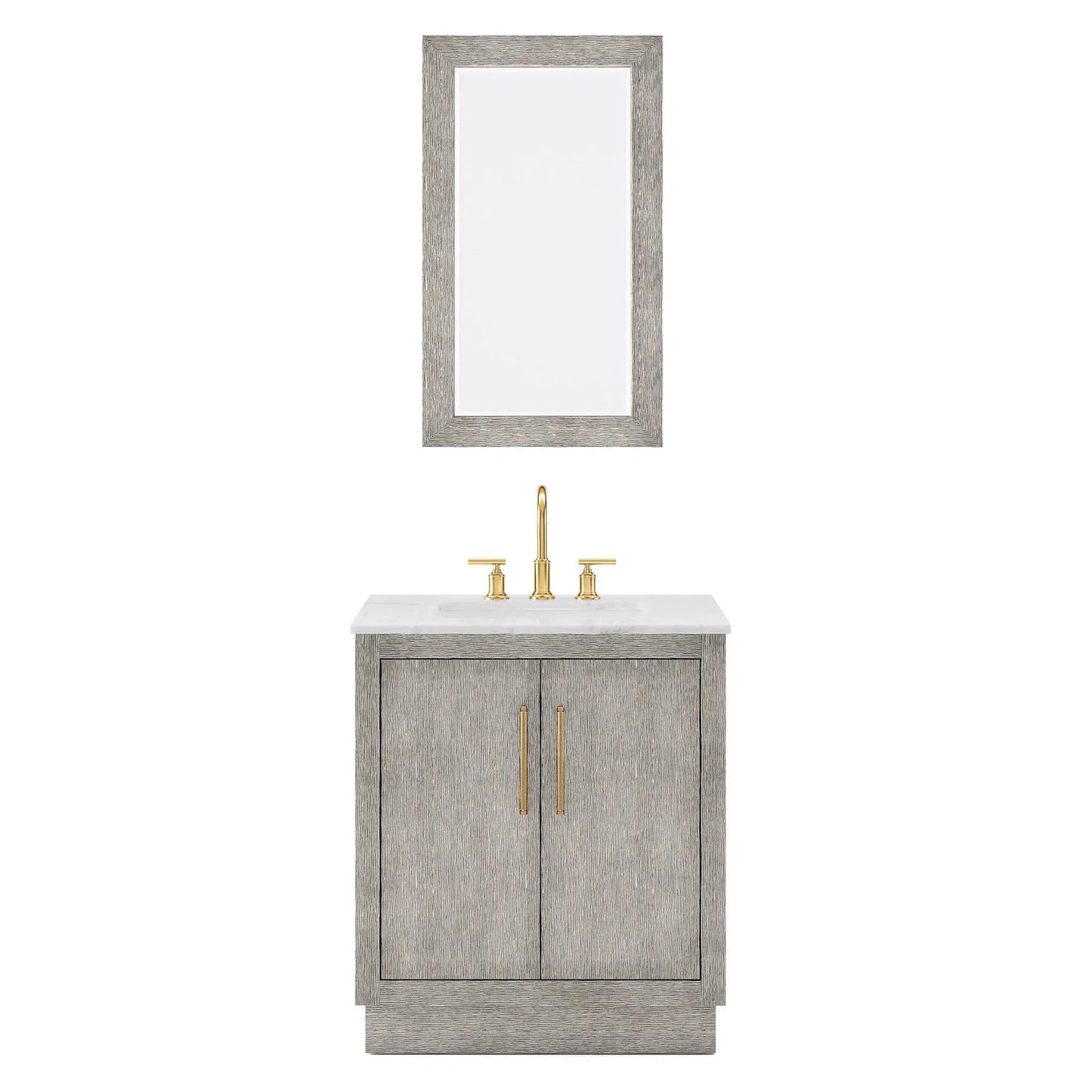 Water Creation Hugo 30" Single Sink Carrara White Marble Countertop Vanity with Satin Gold Pulls and Knobs with Gooseneck Faucet and Mirror