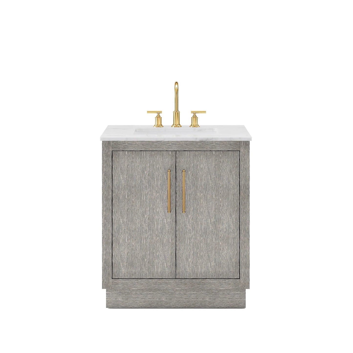Water Creation Hugo 30" Single Sink Carrara White Marble Countertop Vanity with Satin Gold Pulls and Knobs with Gooseneck Faucet and Mirror