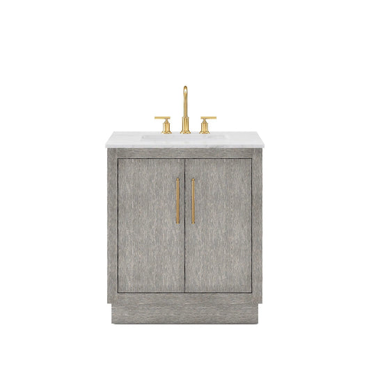 Water Creation Hugo 30" Single Sink Carrara White Marble Countertop Vanity with Satin Gold Pulls and Knobs with Gooseneck Faucet
