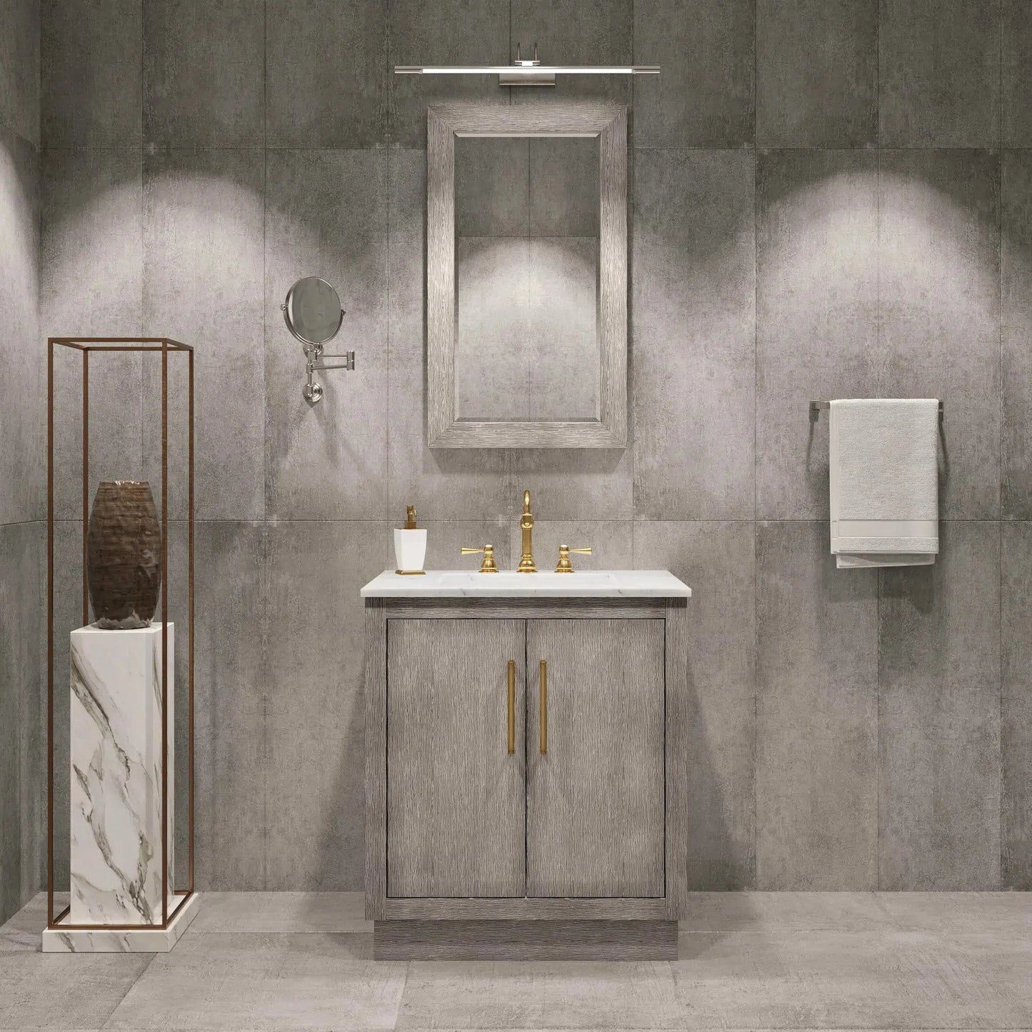 Water Creation Hugo 30" Single Sink Carrara White Marble Countertop Vanity with Satin Gold Pulls and Knobs with Hook Faucet and Mirror