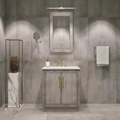 Water Creation Hugo 30" Single Sink Carrara White Marble Countertop Vanity with Satin Gold Pulls and Knobs with Hook Faucet and Mirror