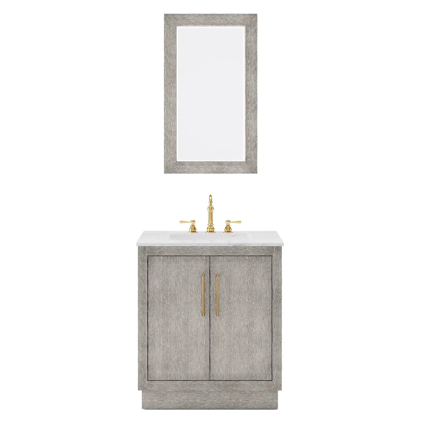 Water Creation Hugo 30" Single Sink Carrara White Marble Countertop Vanity with Satin Gold Pulls and Knobs with Hook Faucet and Mirror