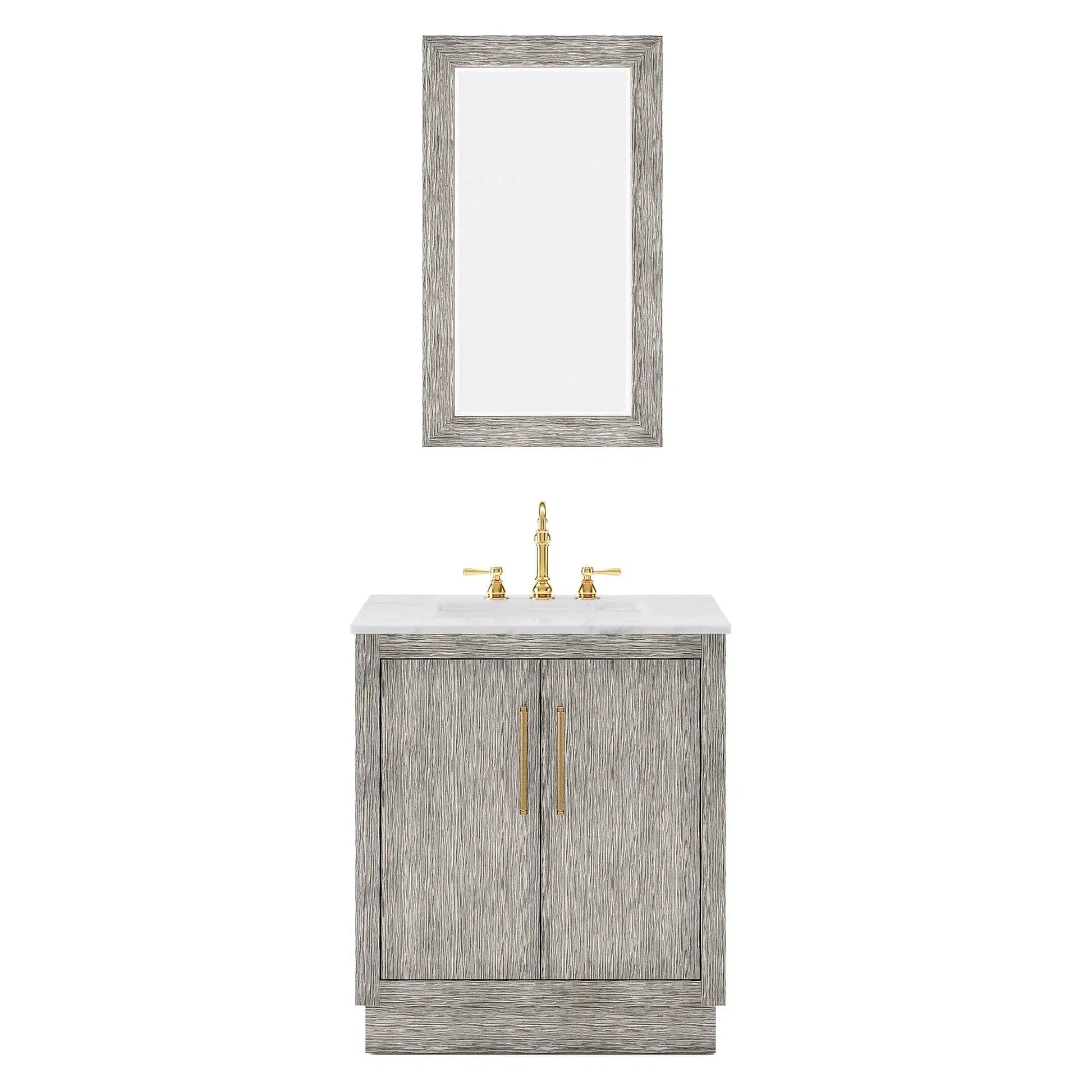 Water Creation Hugo 30" Single Sink Carrara White Marble Countertop Vanity with Satin Gold Pulls and Knobs with Hook Faucet and Mirror