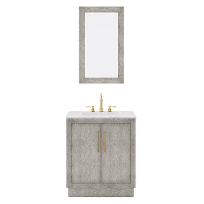 Water Creation Hugo 30" Single Sink Carrara White Marble Countertop Vanity with Satin Gold Pulls and Knobs with Hook Faucet and Mirror