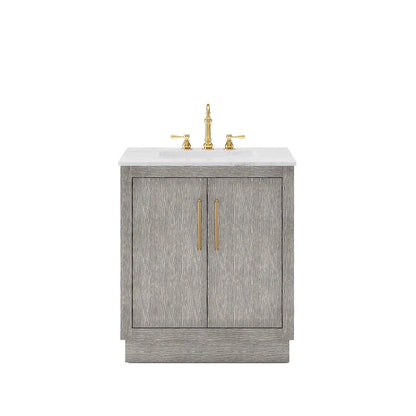 Water Creation Hugo 30" Single Sink Carrara White Marble Countertop Vanity with Satin Gold Pulls and Knobs with Hook Faucet and Mirror