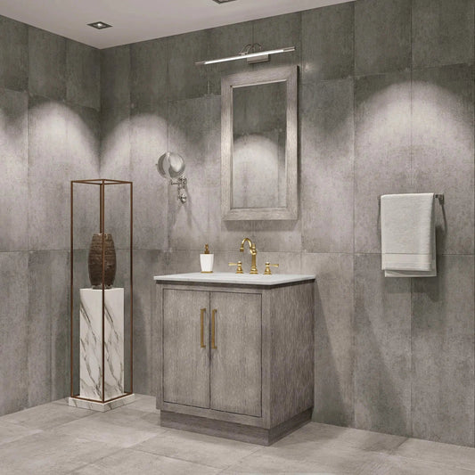 Water Creation Hugo 30" Single Sink Carrara White Marble Countertop Vanity with Satin Gold Pulls and Knobs with Hook Faucet and Mirror